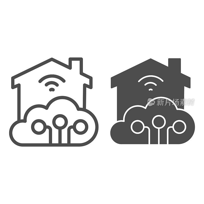 Wifi房屋和云连接线和实体图标，智能家居概念，技术矢量标志的白色背景，轮廓风格的Wi - fi远程控制图标的移动和web。矢量图形